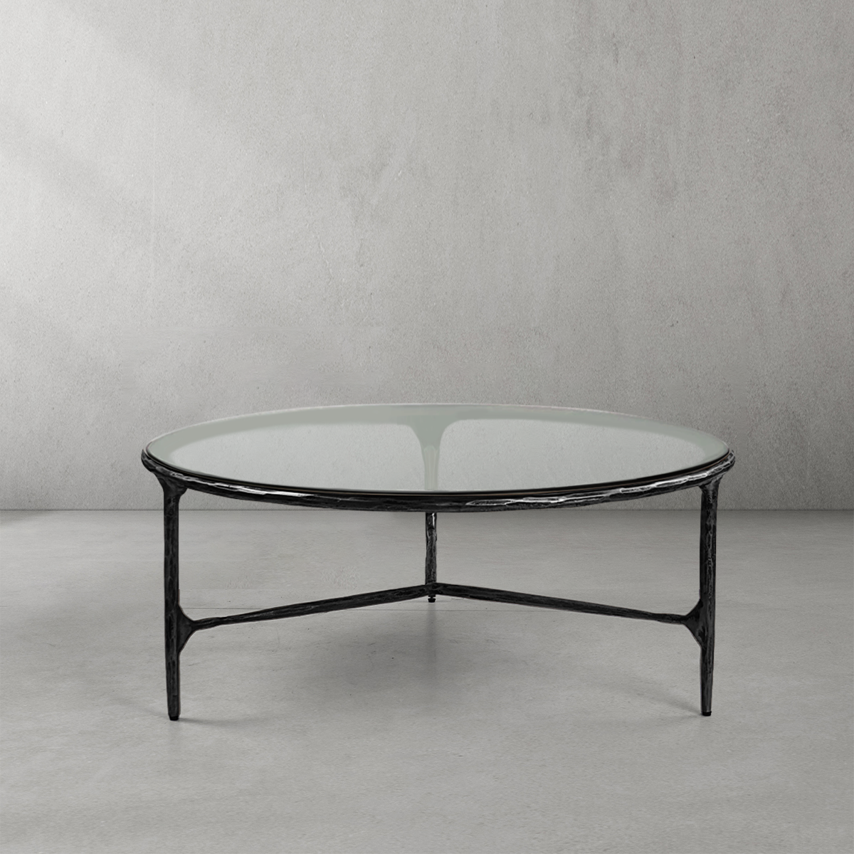 Hand-Forged Metal Glass Round Coffee Table 3 Legs 35"