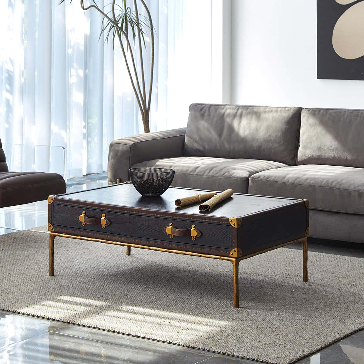 Hand-Forged Metal Vintage Leather Square Coffee Table