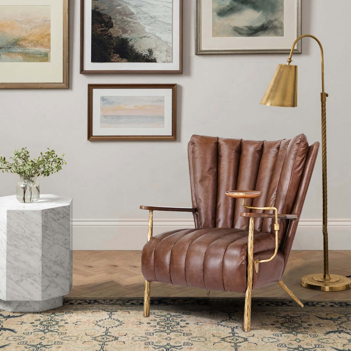 Hand-Forged Metal Vintage Leather Armchair Cigar Chair