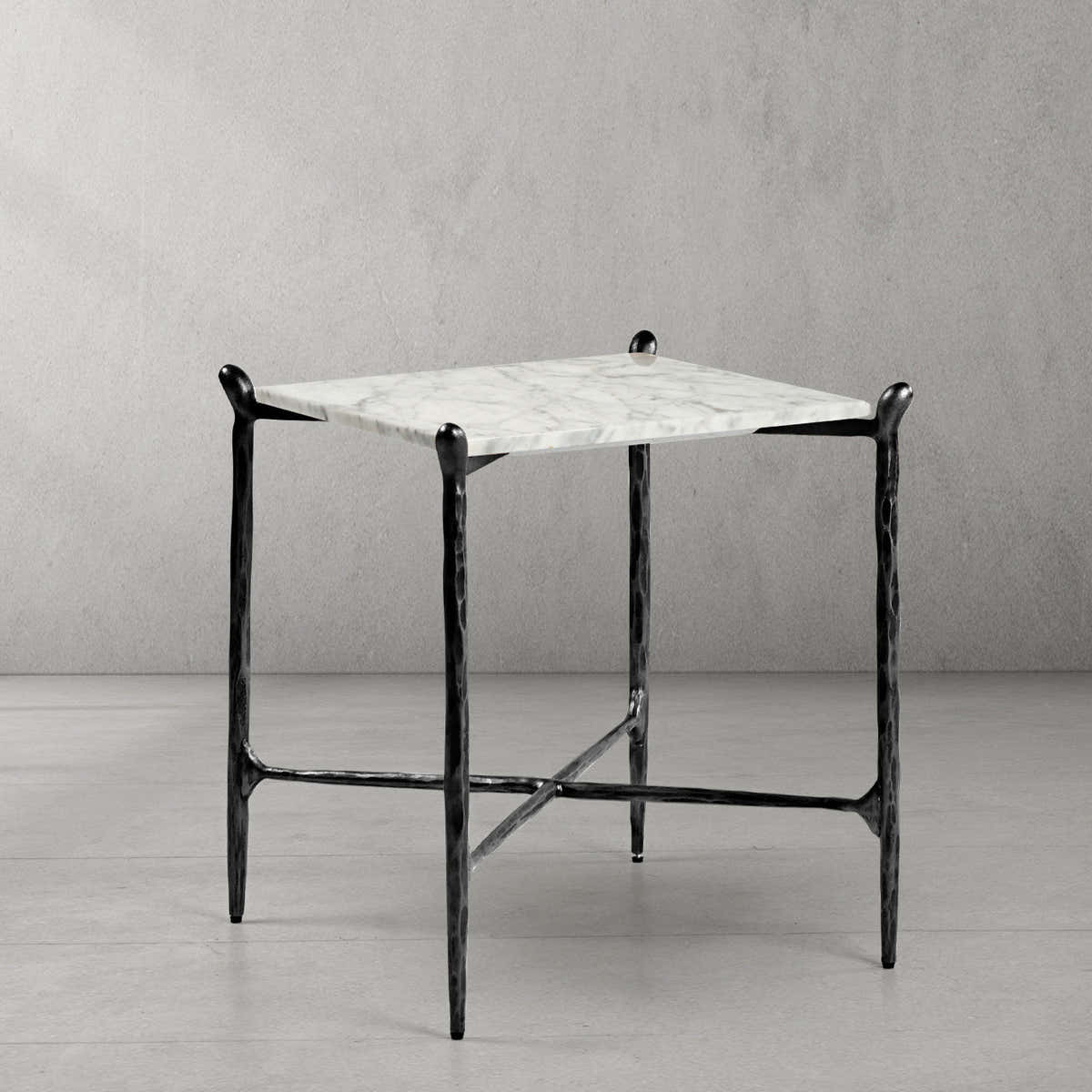 Hand-Forged Metal Square Marble Side Table