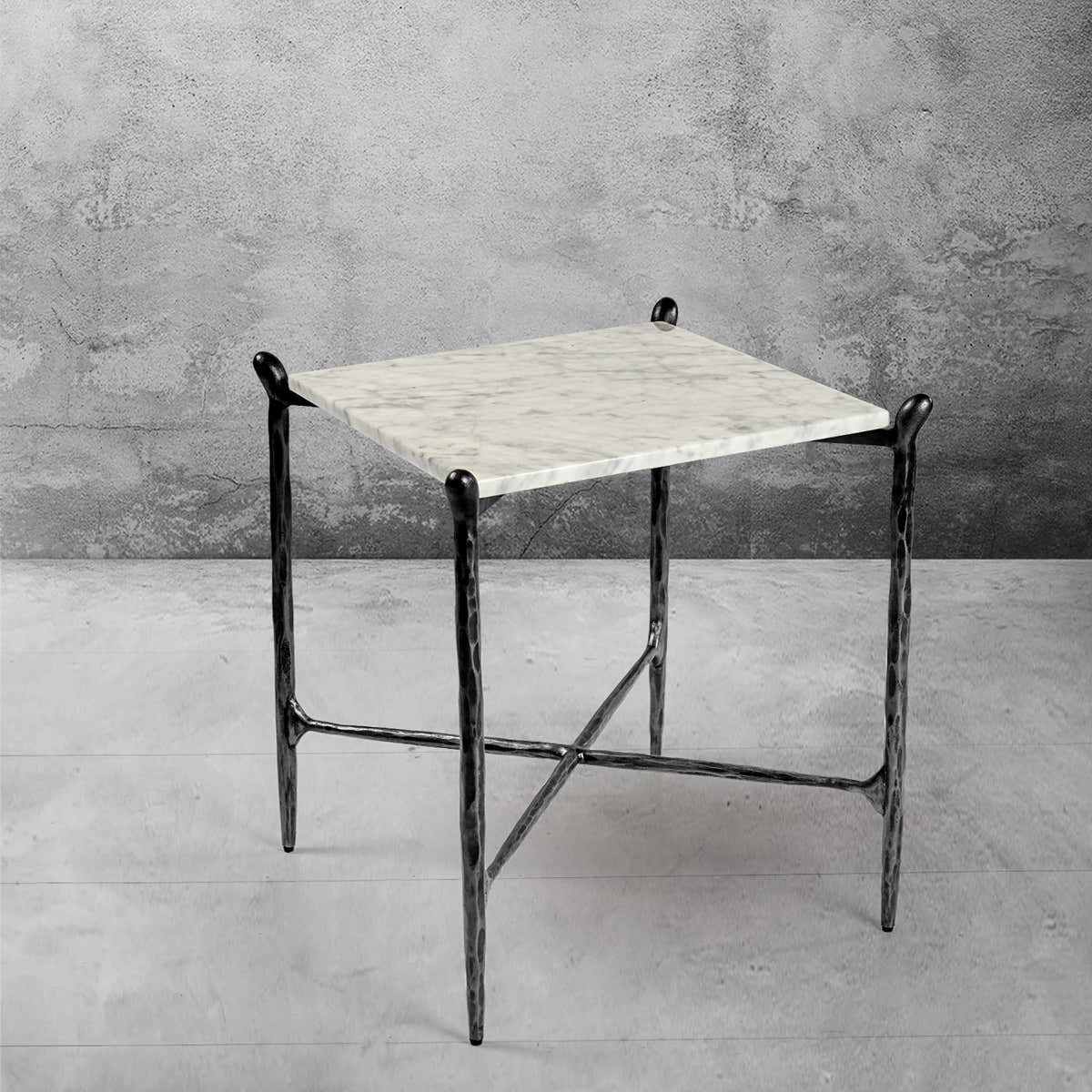 Hand-Forged Metal Square Marble Side Table