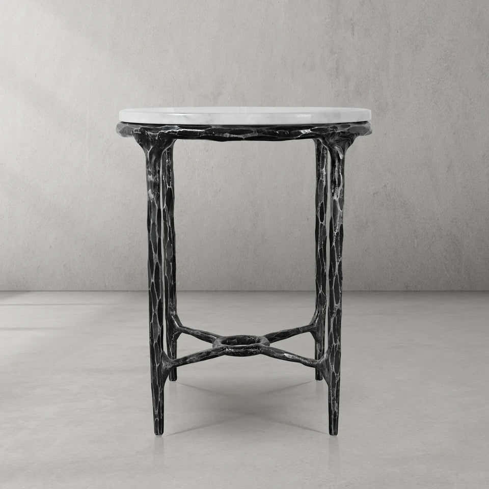 Hand-Forged Metal Round Marble Side Table 18" 22"