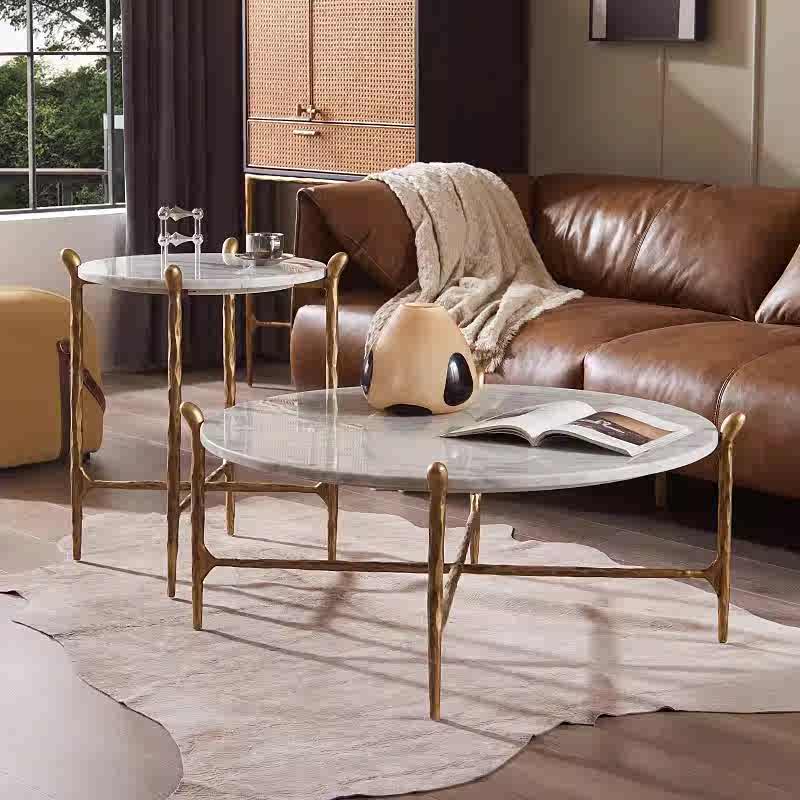 Hand-Forged Metal Round  Horn Marble Coffee Table & Side Table