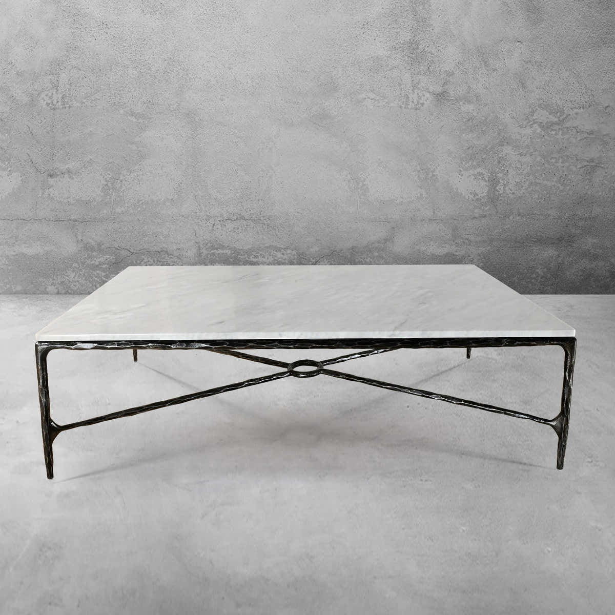 Hand-Forged Metal Rectangle Marble Coffee Table