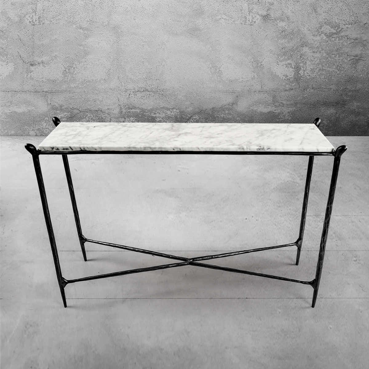 Hand-Forged Metal Rectangle Horn Marble Console Table