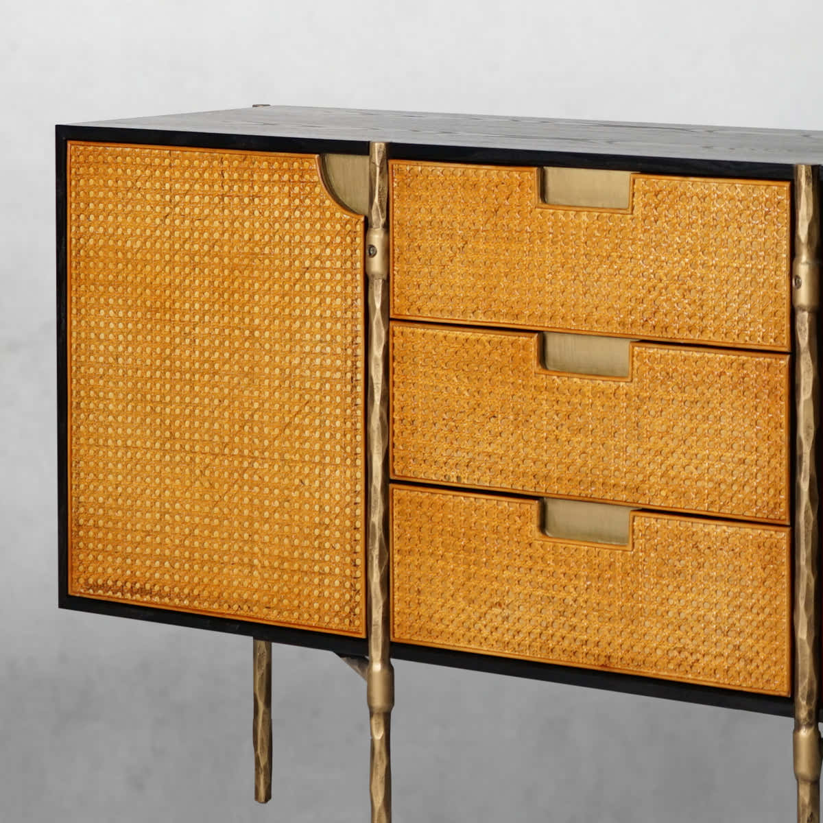Hand-Forged Metal Metal Frame Rattan Side Cabinet