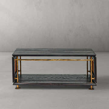 Hand-Forged Metal Vintage Rattan Wooden Coffee Table
