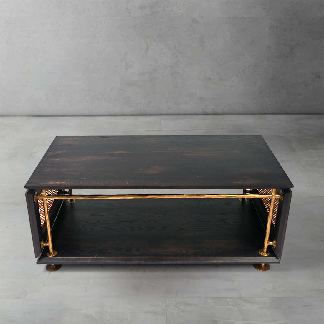 Hand-Forged Metal Vintage Rattan Wooden Coffee Table
