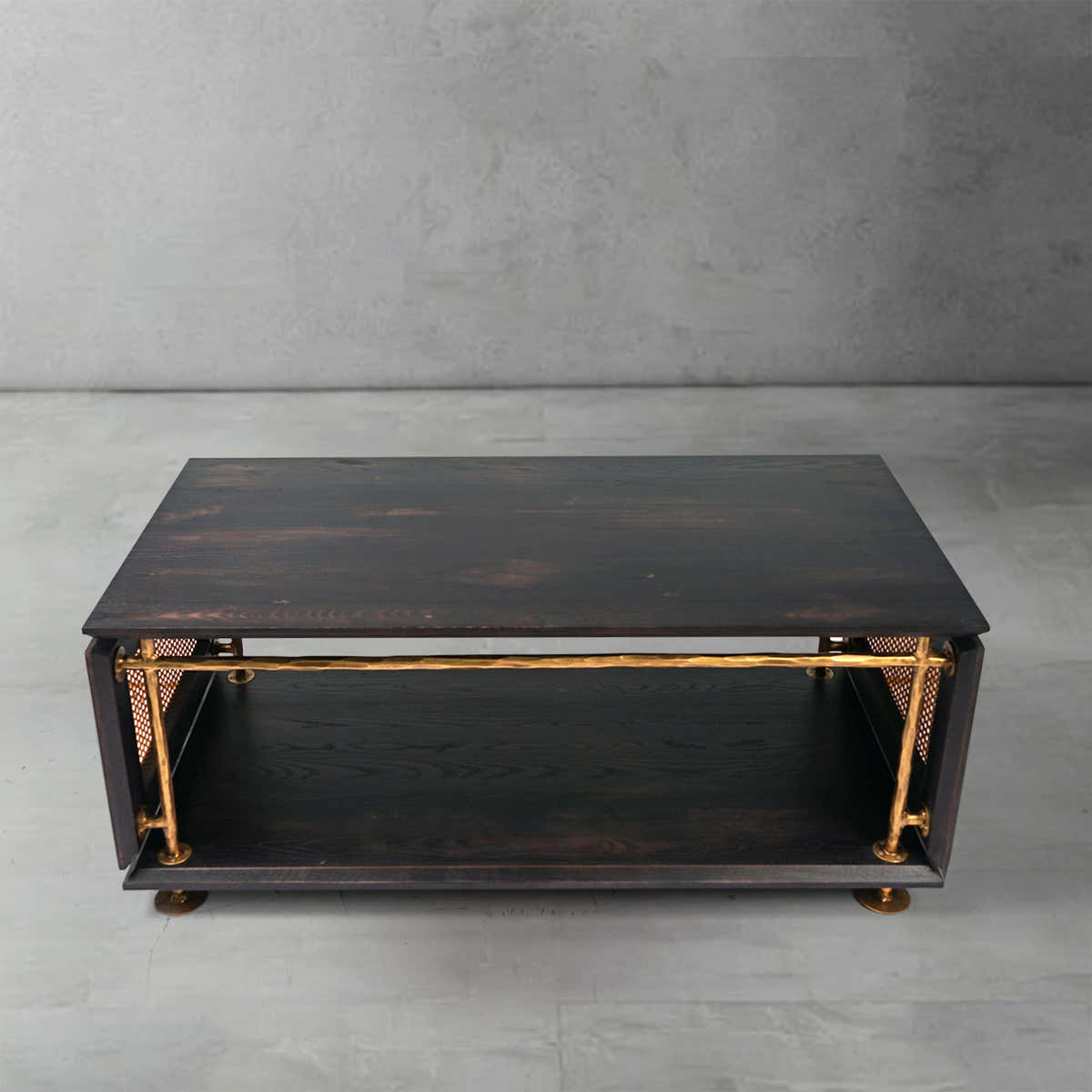 Hand-Forged Metal Vintage Rattan Wooden Coffee Table