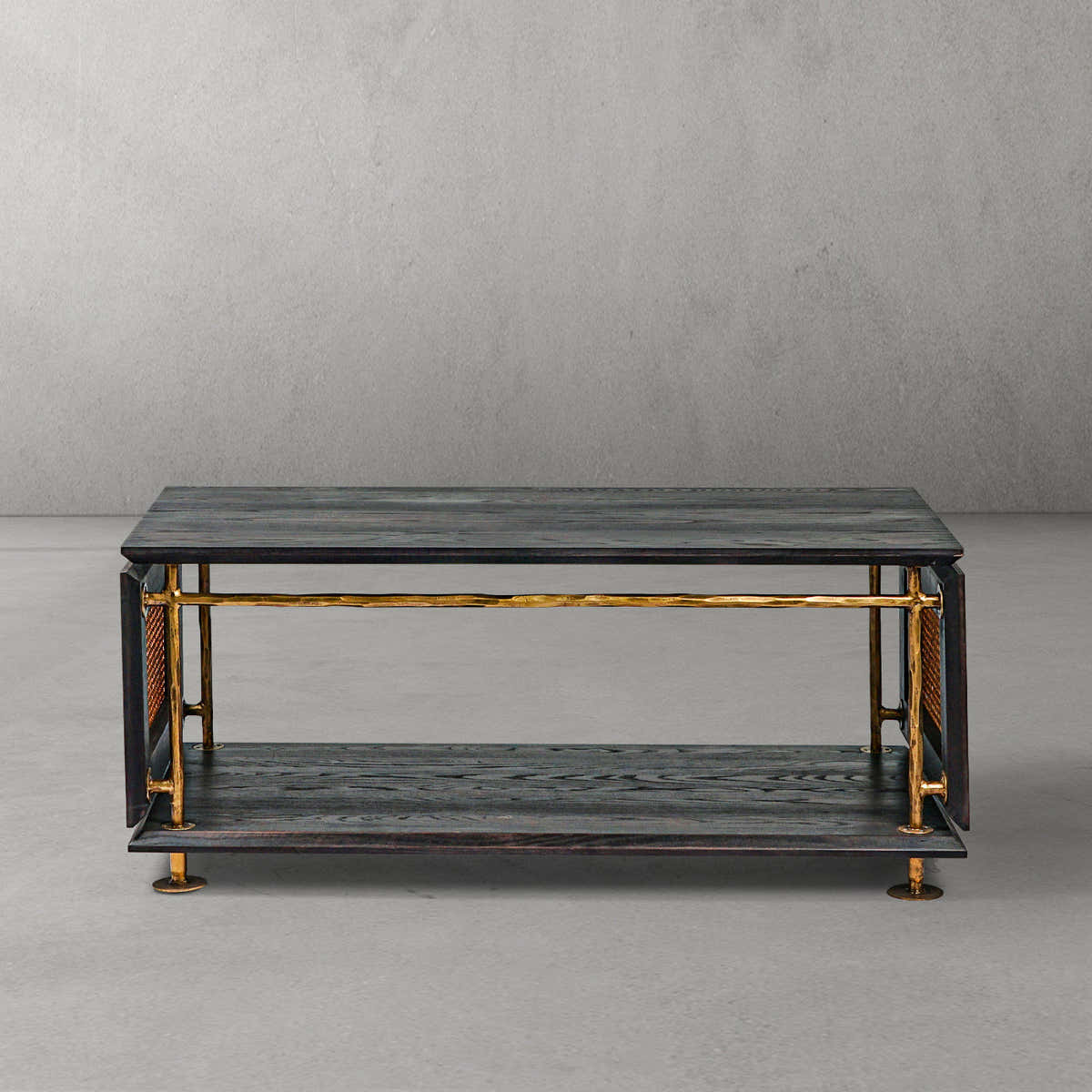 Hand-Forged Metal Vintage Rattan Wooden Coffee Table