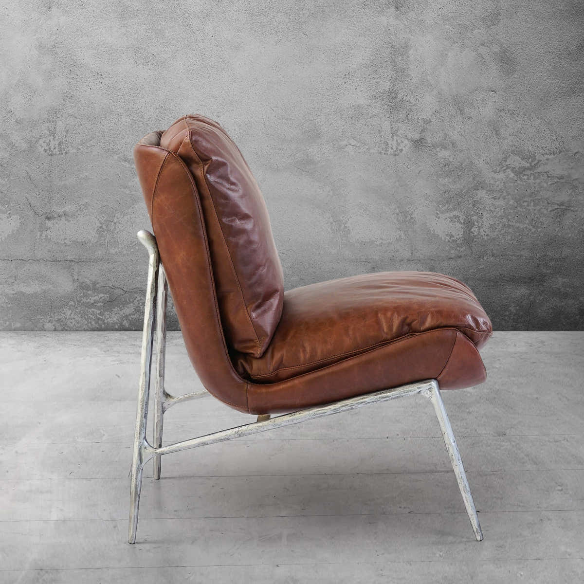 Hand-Forged Metal Vintage Leather Armrest Lounge Chair