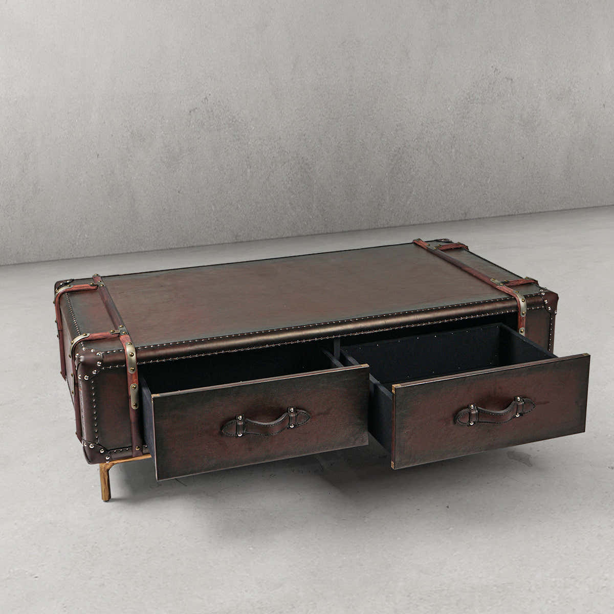 Hand-Forged Metal Vintage Cowhide Rattan Coffee Table