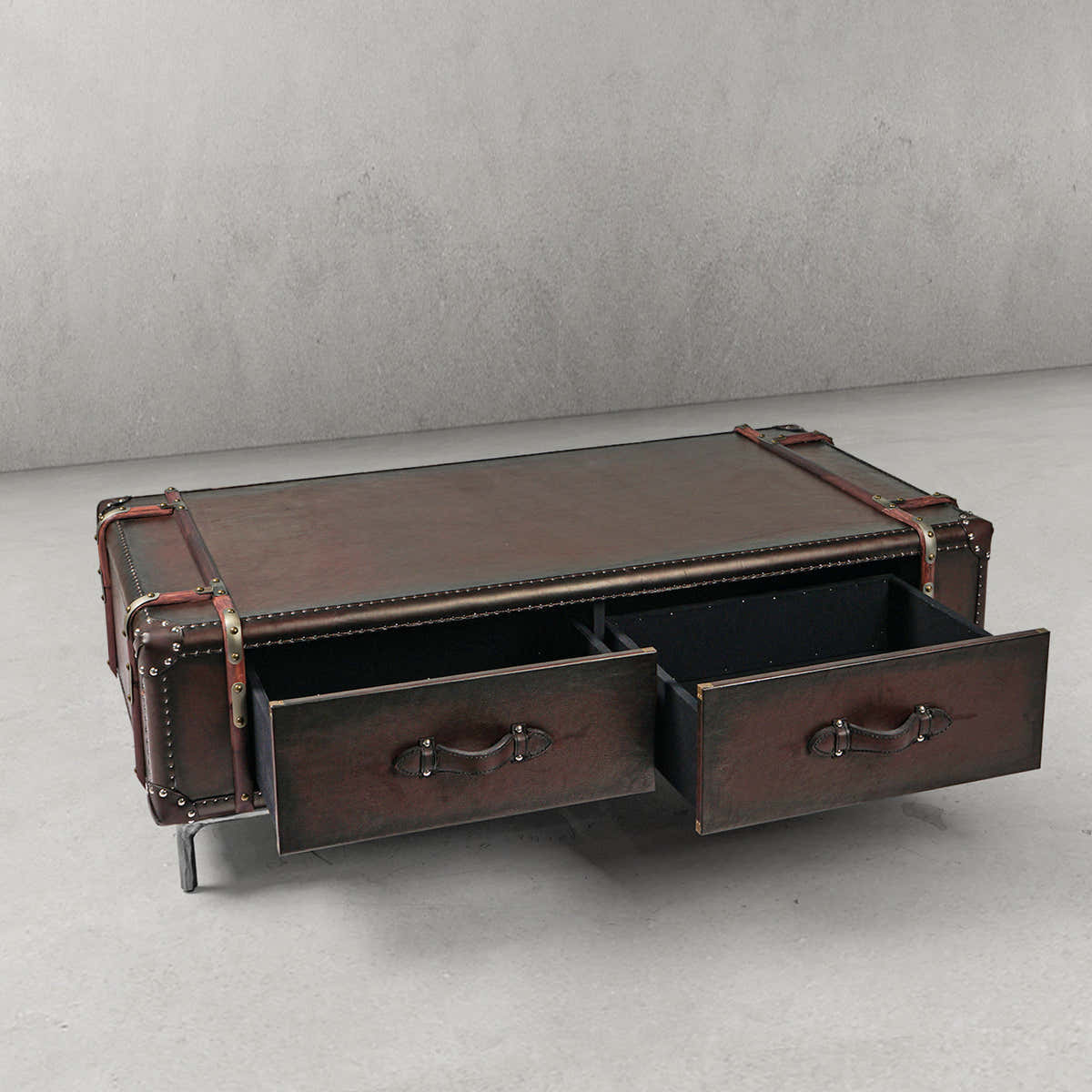 Hand-Forged Metal Vintage Cowhide Rattan Coffee Table