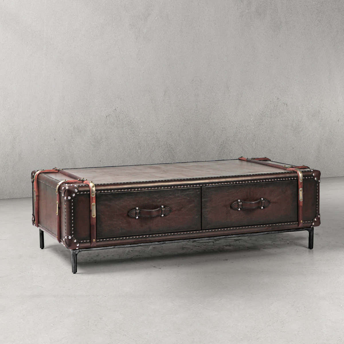 Hand-Forged Metal Vintage Cowhide Rattan Coffee Table