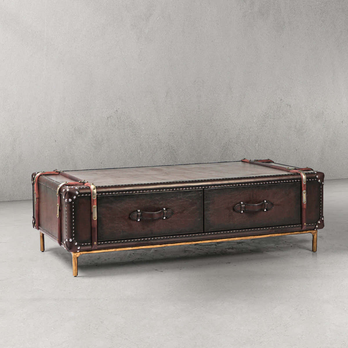 Hand-Forged Metal Vintage Cowhide Rattan Coffee Table