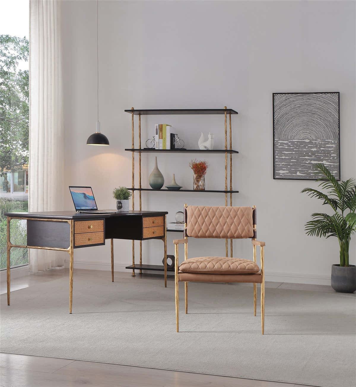 Hand-Forged Metal Retro Brass Iron Frame Rattan Desk