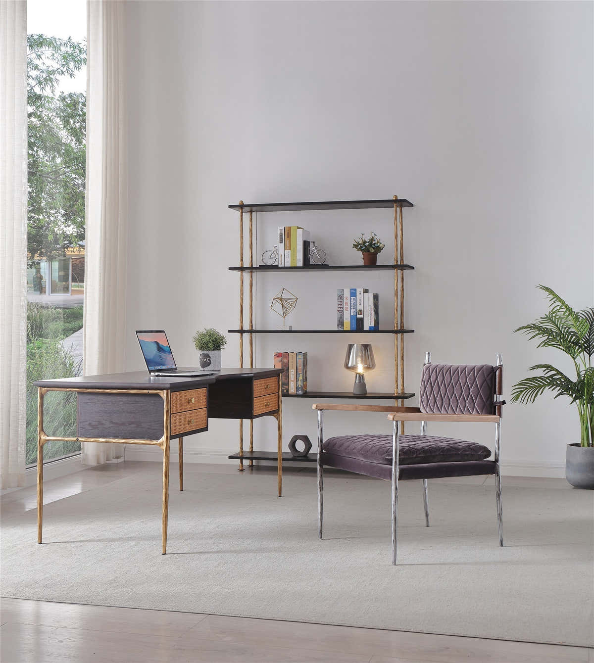 Hand-Forged Metal Retro Brass Iron Frame Rattan Desk