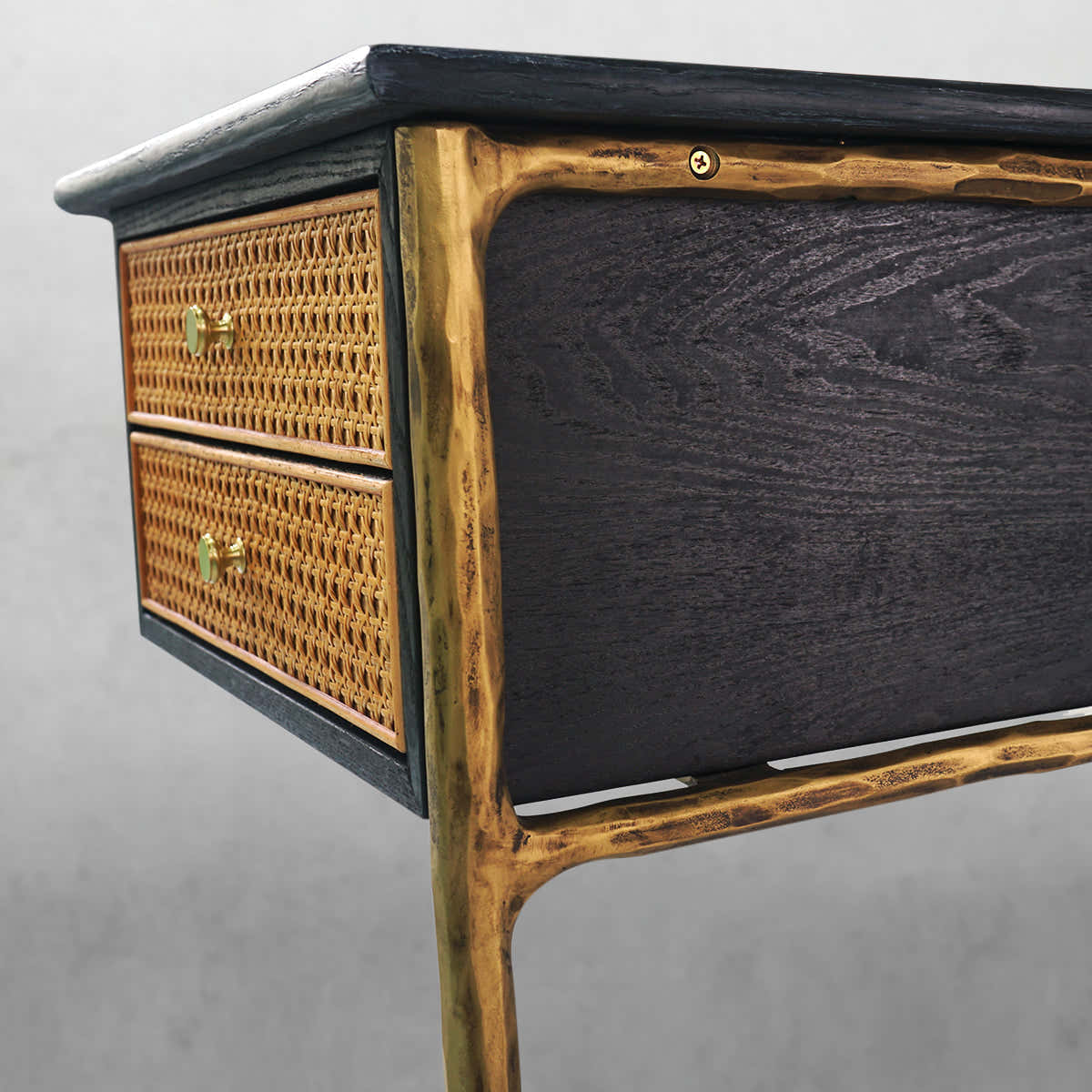 Hand-Forged Metal Retro Brass Iron Frame Rattan Desk