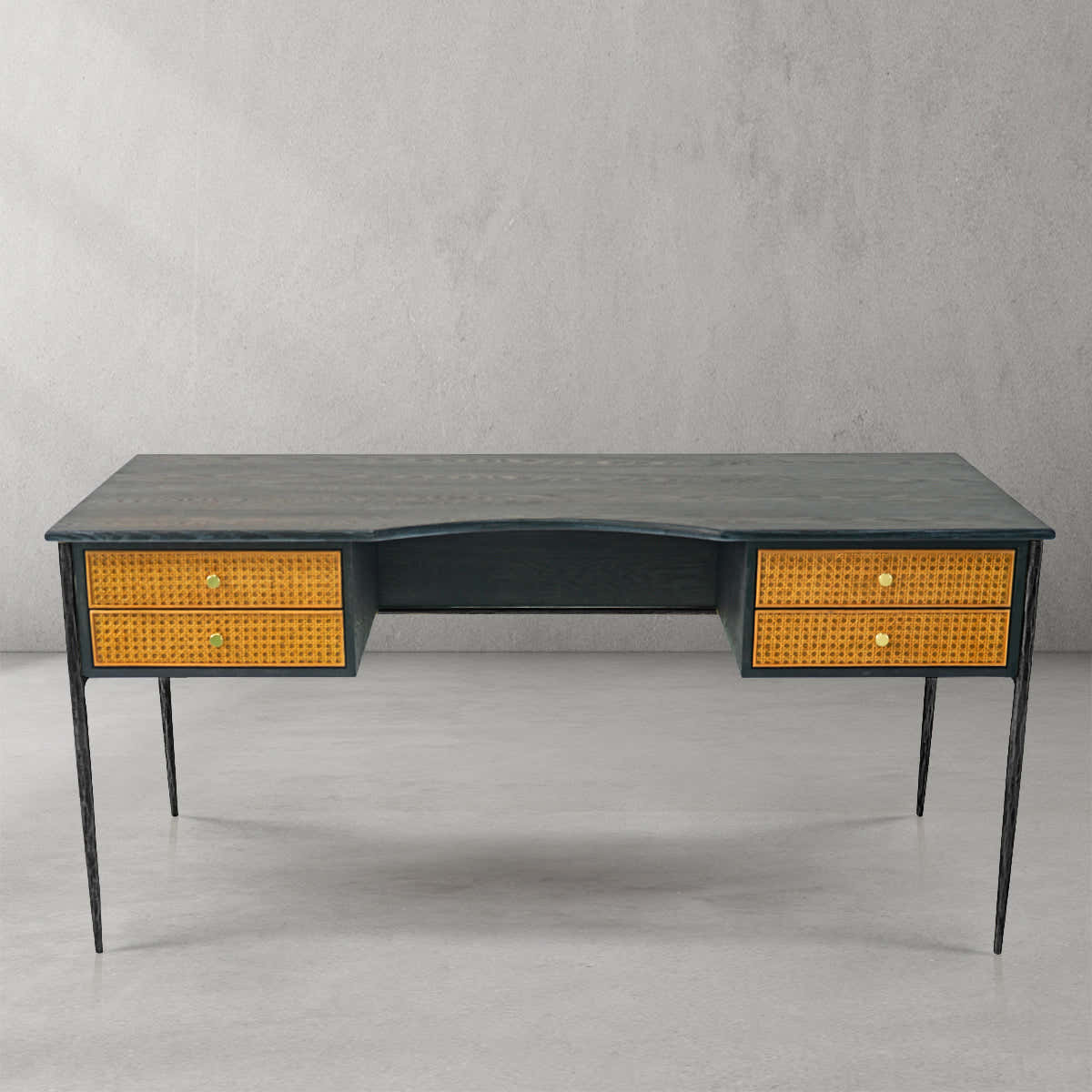 Hand-Forged Metal Retro Brass Iron Frame Rattan Desk